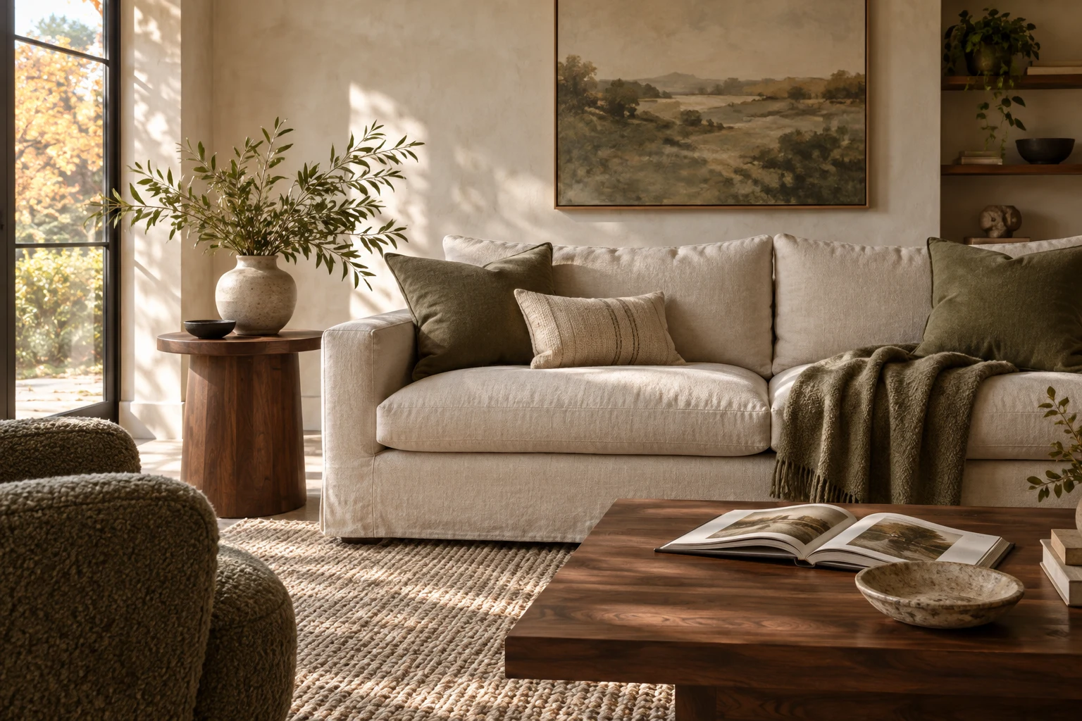 An oatmeal sofa, olive cushions, walnut tables and soft daylight in a warmly layered living room.